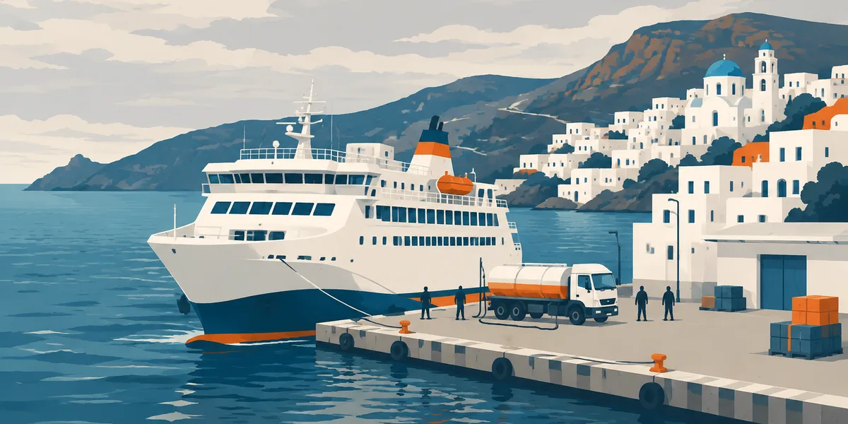 Grčki ostrvski port ujutru: trajekt pristao uz dok, cisterna za gorivo pored, nadzorni ugao.
